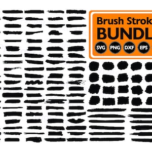 Peut inclure: Un ensemble de 70 graphiques de traits de pinceau noirs dans une variété de formes et de tailles. Les graphiques sont disposés en lignes et en colonnes sur un fond blanc. Le texte "Brush Strokes Bundle" est affiché dans une boîte jaune en haut de l'image. Le texte "SVG PNG DXF EPS AI" est affiché dans une rangée de cinq cercles sous le texte "Brush Strokes Bundle".