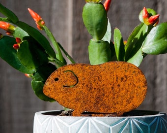 Cute Guinea Pig Plant Pot Ornament, Rusty Metal Garden Art, Pet Memorial Gift, Plant Pot Spike, Window Box Decor, Garden Gift, Ready To Rust