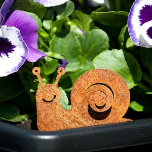 May include: A rusty metal snail garden decoration with a smiling face, placed in a black flower pot with purple and white pansies.