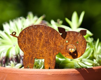 Cute Pig Plant Pot Ornament, Rusty Metal Garden Art, Pet Pig Memorial Gifts, Plant Pot Spike, Window Box Decor, Garden Gifts, Ready To Rust
