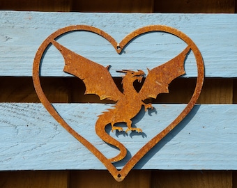 Love your Dragon Metal Wall Heart, Rusty Garden Art, Decor, Fence Wall Pergola Shed Patio Yard GOT Decoration Ornament Gift, Ready To Rust