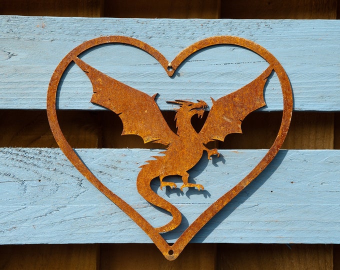 Love your Dragon Metal Wall Heart, Rusty Garden Art, Decor, Fence Wall Pergola Shed Patio Yard GOT Decoration Ornament Gift, Ready To Rust