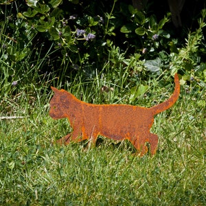 May include: A rusty metal cat silhouette garden decoration in a grassy area.