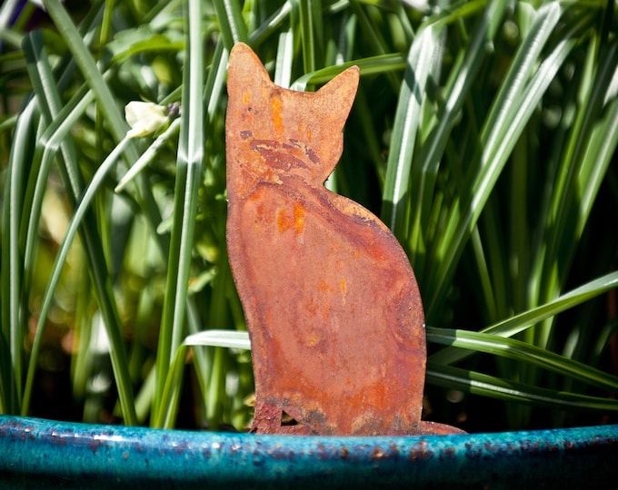 Cat Plant Pot Spike, Rusty Metal Garden Art, Cat Memorial Gift, Flower Plant Pot Ornament, Window Box Decor, Garden Gifts, Ready To Rust