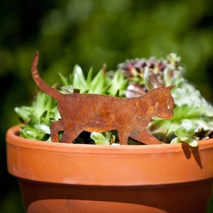 May include: A rusty metal cat figurine sits on the edge of a terracotta flower pot filled with green succulents.