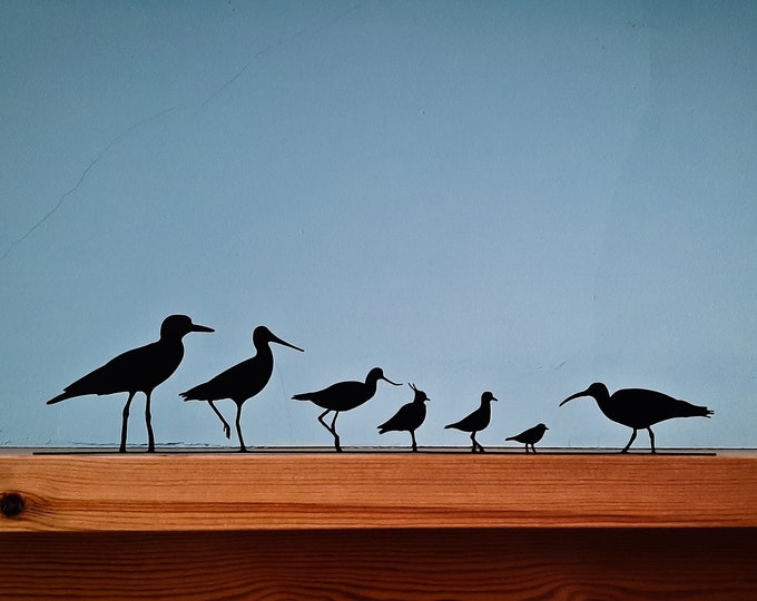 Flock of Wading Birds Silhouette, Curlew, Godwit, Avocet, Lapwing, Plover, Whimbrel, Mantelpiece Ornament, Shelf Sitter, Coastal Decor Gift