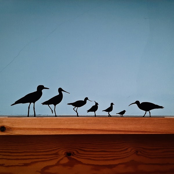 Flock of Wading Birds Silhouette, Curlew, Godwit, Avocet, Lapwing, Plover, Whimbrel, Mantelpiece Ornament, Shelf Sitter, Coastal Decor Gift