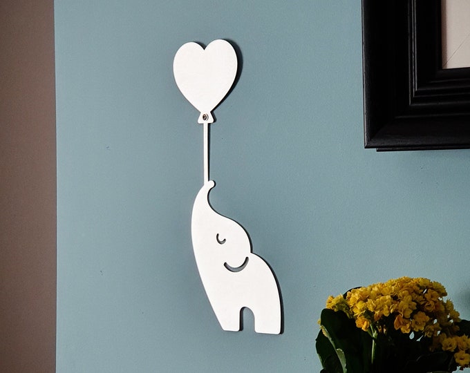 Stainless Steel Elephant Holding Heart Balloon Wall Art, Valentine gift, Ivory Anniversary Gift, 14th Anniversary Gift, Elephant Gift
