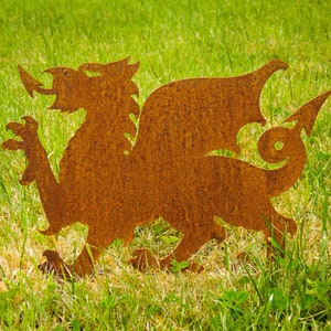 May include: A weathered, rusty brown metal dragon silhouette, with detailed wings, claws, and a curled tail, set in green grass. This decorative garden ornament brings a touch of fantasy to outdoor spaces.