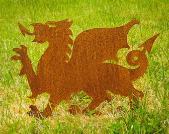 Welsh Dragon Lawn Ornament, Plant Pot Decor, Welsh Allotment Gift, Rusty Garden Art Decor. Metal Garden Art Gift,  Rustic Cymru Dragon Gift