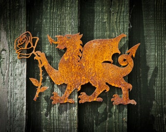 Welsh Dragon English Rose Wedding Gift, Valentine Gift, 11th Anniversary Gift, Rusty Metal Garden Wall Art, Fence Decoration, Cymru Gifts