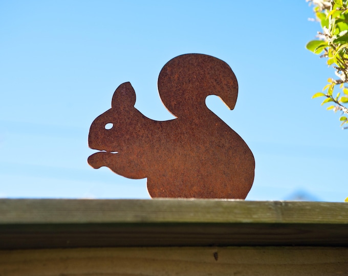Red Squirrel Fence Topper, Rustic Metal Garden Art, Ready To Rust