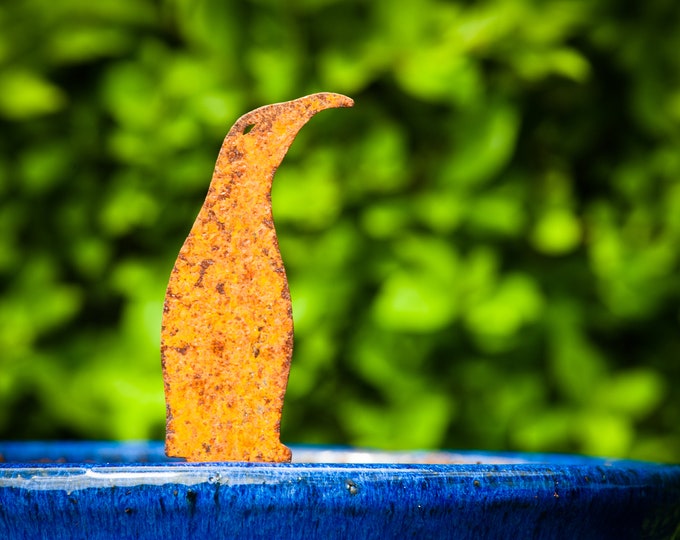 Penguin Metal Plant Pot Spike, Rusty Garden Art, Flower Pot ornament, Window Box Decoration, Greenhouse Gift, Gardening Gifts, Ready To Rust