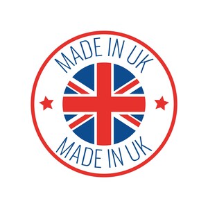 May include: A red, white, and blue circle with a Union Jack flag inside. The circle has the text "Made in UK" written around it.