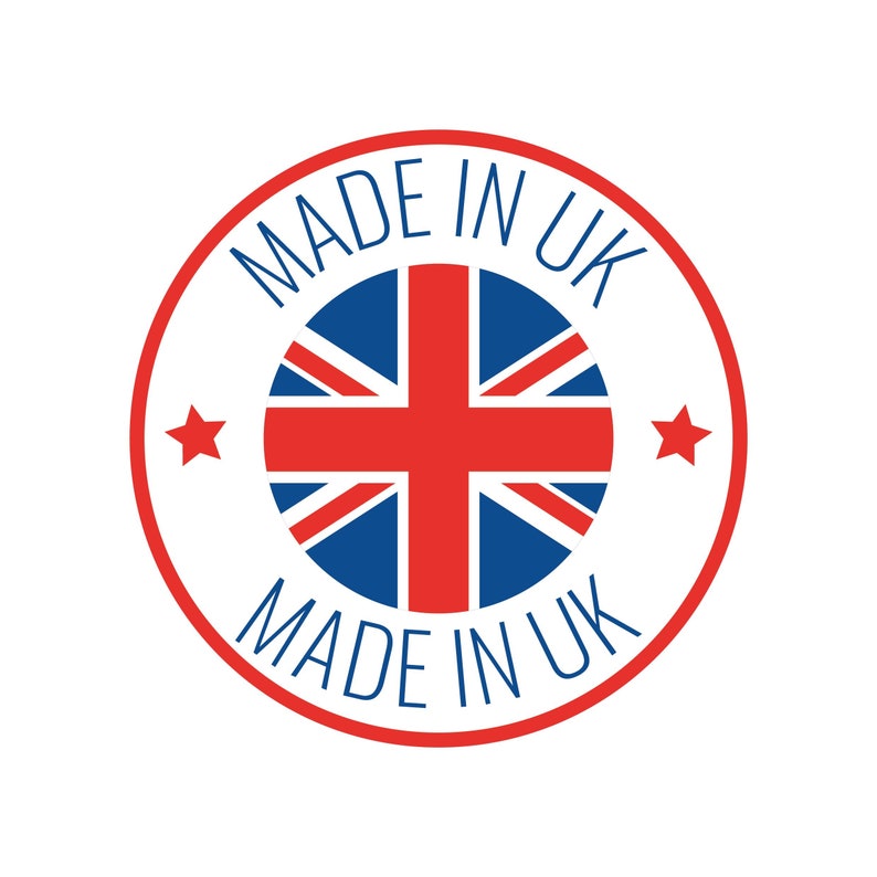 May include: A red, white, and blue circle with a Union Jack flag inside. The circle has the text "Made in UK" written around it.