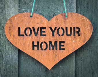 Heart Wall Art, Love Your Home Sign, Rustic Garden Ornament, Rusty Metal Art Sign, Fence Decoration, Anniversary Gift, Garden Gifts in UK