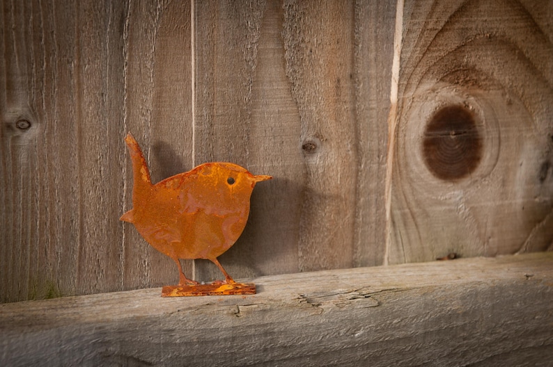 Close-up of wren fence topper with authentic rust finish, set against rustic fence to show its fine profile and textured patina. This minimalist metal bird sculpture adds instant woodland charm to courtyards, balconies and allotments. Built to weather gracefully all year round, the wren brings depth, movement and natural character to modern, farmhouse and cottagecore garden styles.