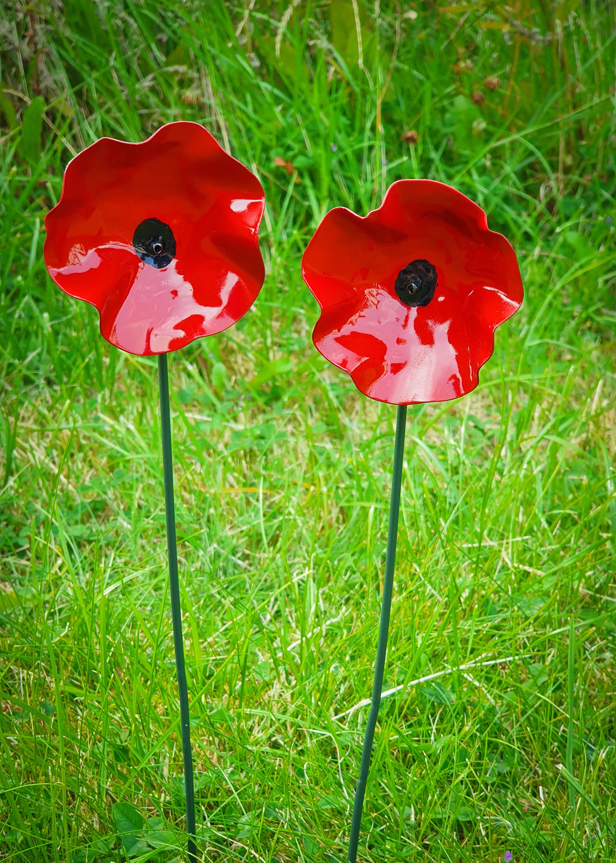 Red Poppy Metal Flower stem Garden or Indoor Decor Art Decoration