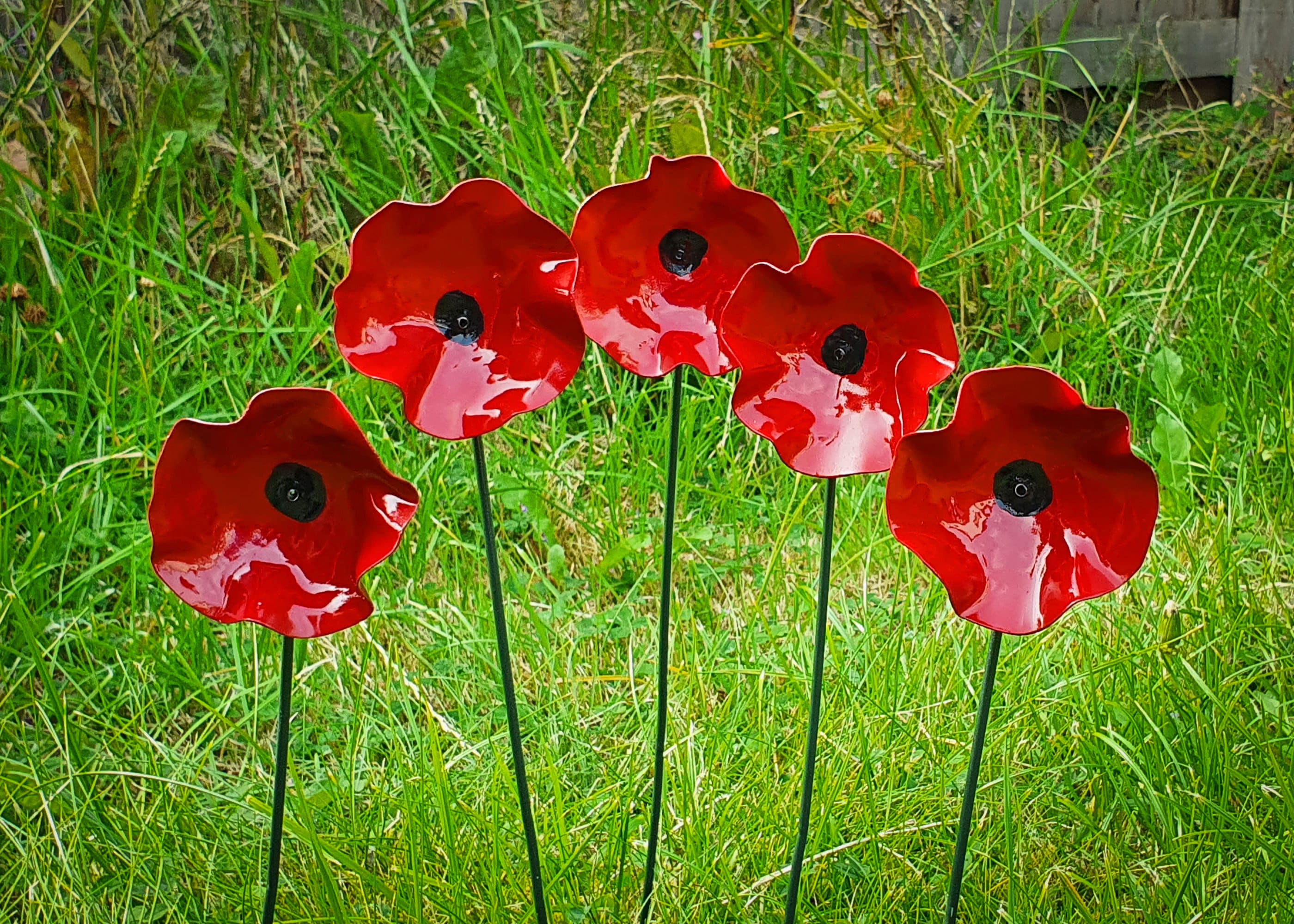 Red Poppy Metal Flower stem Garden or Indoor Decor Art Decoration