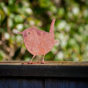 Rusty metal wren garden fence topper ornament in weathered steel.  The lifelike wren silhouette features crisp laser-cut detail and a warm rust patina that blends with timber, stone and terracotta. Durable, low-maintenance outdoor décor for a fence, fence post, tree, arbour, pergola, shed or wall. Perfect wildlife-inspired metal art for bird lovers and stylish rustic landscaping.