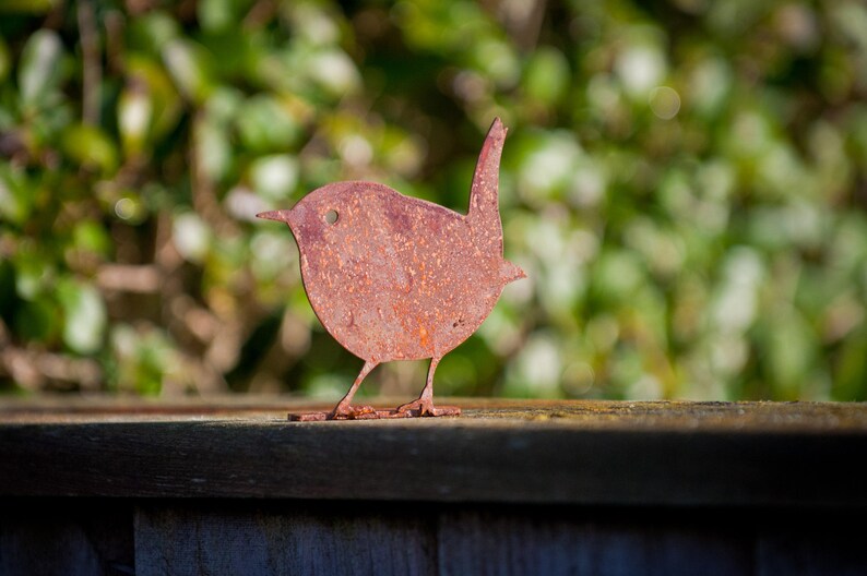 Rusty metal wren garden fence topper ornament in weathered steel.  The lifelike wren silhouette features crisp laser-cut detail and a warm rust patina that blends with timber, stone and terracotta. Durable, low-maintenance outdoor décor for a fence, fence post, tree, arbour, pergola, shed or wall. Perfect wildlife-inspired metal art for bird lovers and stylish rustic landscaping.