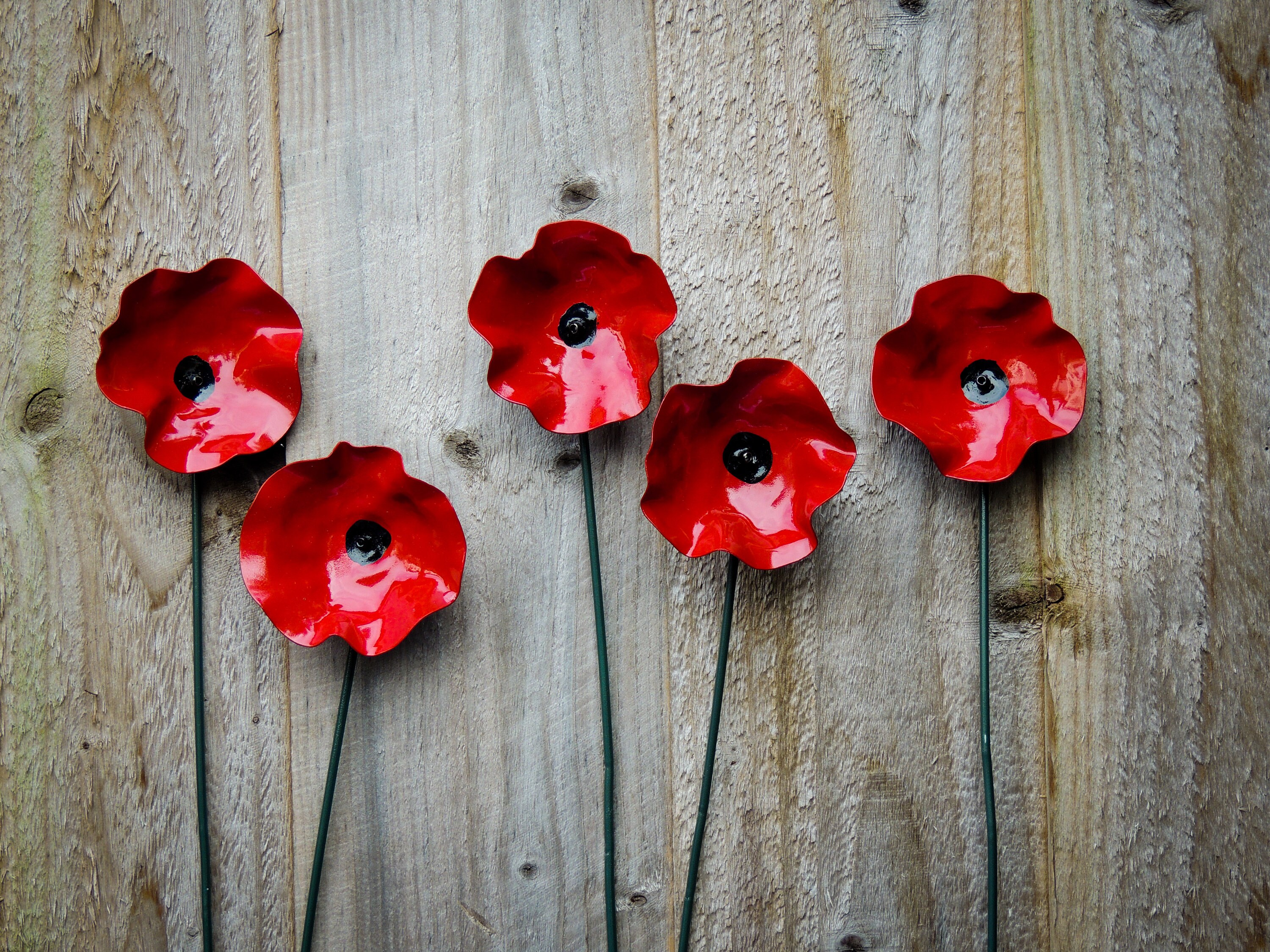 Red Poppy Metal Flower stem Garden or Indoor Decor Art Decoration