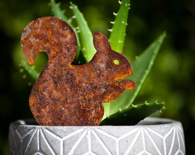Cute Squirrel Plant Pot Spike, Rusty Garden Art, Flower Pot ornament, Red Squirrel Gifts, Window Box Decor, Gardening Gifts, Ready To Rust