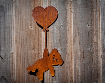 Teddy Bear holding heart balloon, Metal Fence Art, Wall Art, Rusty Garden Decoration, Pergola Decoration, 11th Anniversary Gift in the UK