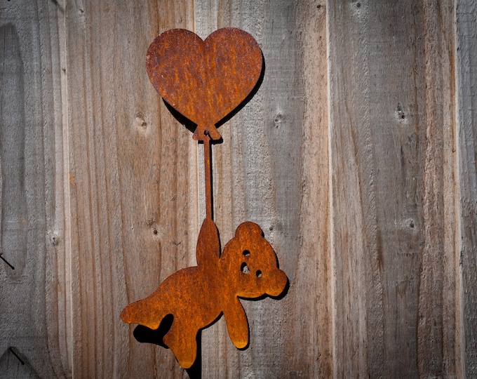 Teddy Bear holding heart balloon, Metal Fence Art, Wall Art, Rusty Garden Decoration, Pergola Decoration, 11th Anniversary Gift in the UK