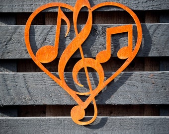 Music Lover Heart Metal Wall Art, Musical Rusty Garden Art Decor, Fence Decor, Pergola Ornament, Shed Decor, Music Gift, Ready To Rust