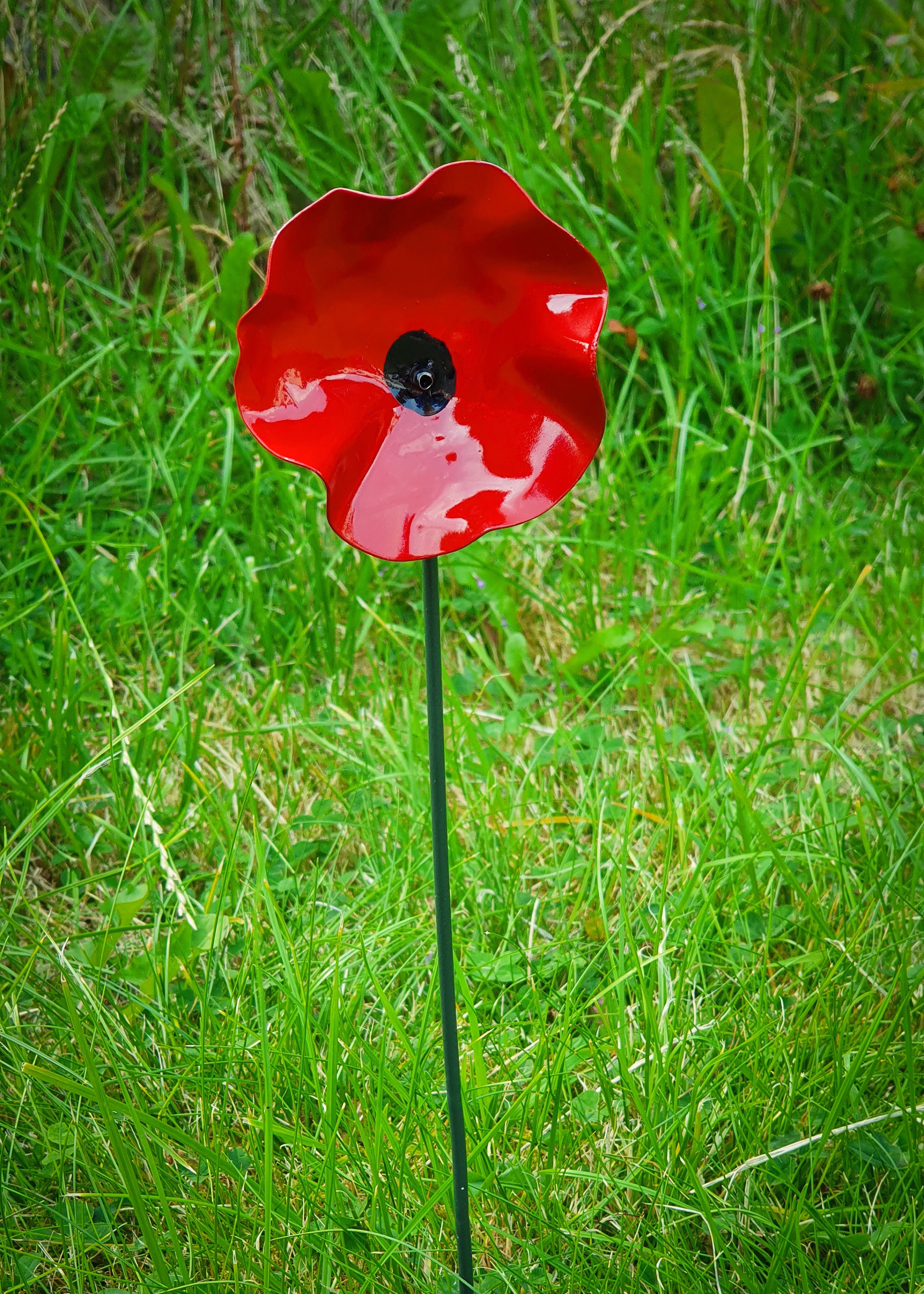 Red Poppy Metal Flower stem Garden or Indoor Decor Art Decoration