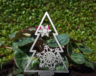 Sparkly Snowflake Christmas Tree Plant Pot Ornament, Patio Pot Decoration, Outdoor Christmas Ornament, Stainless Steel Christmas Decoration