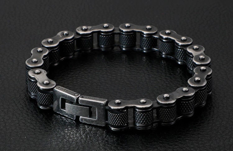 NYBling Men's Solid Stainless Steel Bike Chain Bracelet – 14mm Wide, 8.5 Inches, Fold Over Clasp