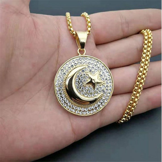 Muslim Crescent Moon and Star Pendant Stainless Steel Round - Etsy