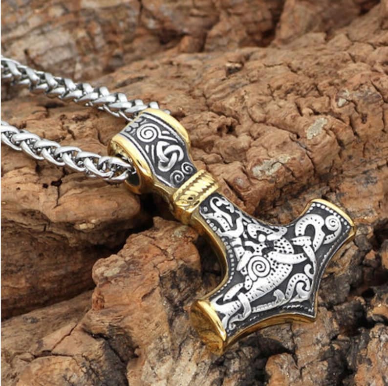 Nordic Amulet Viking Jewelry 316L Stainless Steel Thor Hammer Odin/'s Wolves Mjolnir Amulet Viking Necklace