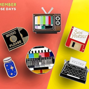 Retro Life  • Retro TV  •  Typewriter  •  Test Screen  •  Floppy Disk  •  Music Please  •  Wish Jar Enamel Pin