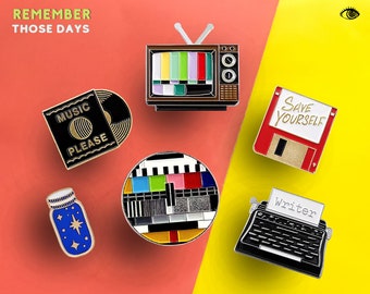 Retro Life  • Retro TV  •  Typewriter  •  Test Screen  •  Floppy Disk  •  Music Please  •  Wish Jar Enamel Pin