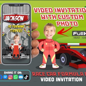 May include: A red race car video invitation with a custom photo. The invitation is in full HD 1920x1080p resolution. The invitation features a cartoon race car driver in a red racing suit and a red race car. The invitation also includes a play button and the text 