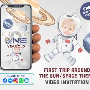 Invitación en video para el primer cumpleaños de un astronauta del espacio exterior que viaja alrededor del sol