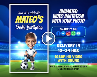 Invitation vidéo animée d’anniversaire de football de football avec photo personnalisée | Fabriqué sur commande par le vendeur