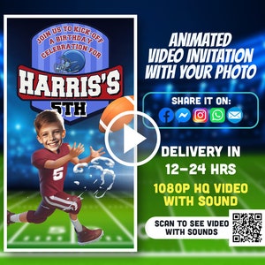 American Football NFL Super Bowl TouchDown Birthday Animated Video Invitation with Custom Photo | Custom Made to Order by Seller