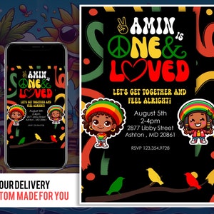 One and Loved | One Love First Birthday Invitation Template | Reggae Birthday Jamaican Bob Marley Three Little Birds