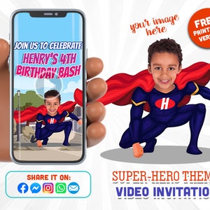 Convite de vídeo animado de aniversário com tema de super-herói e convite para impressão grátis