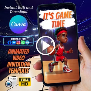 Modèle canevas d'invitation d'anniversaire modifiable pour fête d'anniversaire de basket-ball Happy Baller