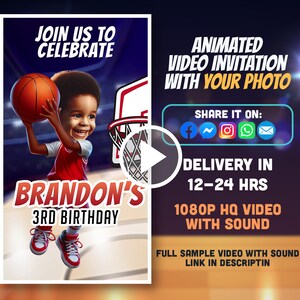 Invito video animato per festa di compleanno di basket con giocatore felice con foto personalizzata/Su misura su ordinazione dal venditore