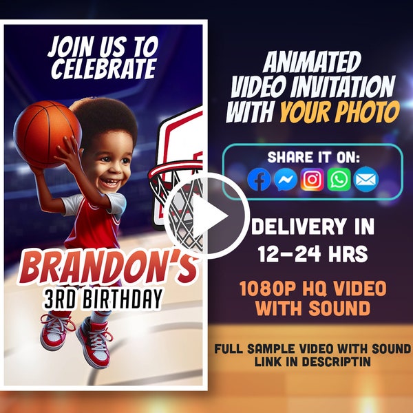 Basketball Birthday Party Happy Baller Animated Video Invitation with Custom Photo | Custom Made to Order by Seller