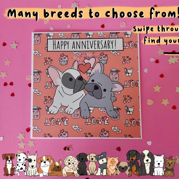 Dog Lover Happy Anniversary Card - Rojo - Original Illustration Unique Handmade Greetings Card Wedding Celebration Dog Mum Dog Dad