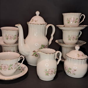 Vintage Silesian very rare shape china set for 6 persons, Wawel china set for 6 wild roses