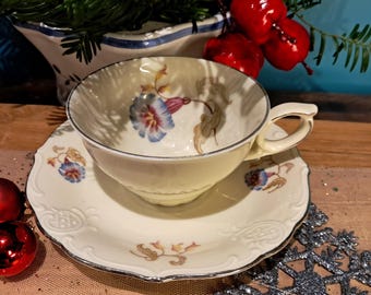 Sällsynt vintage holländsk porslinskopp och fat Spenzo med morgonglorymönster