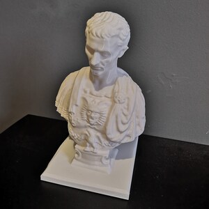 May include: A white bust of a man with short hair and a stern expression. The bust features detailed clothing and a decorative chest piece with a sculpted design. The sculpture is mounted on a rectangular base.